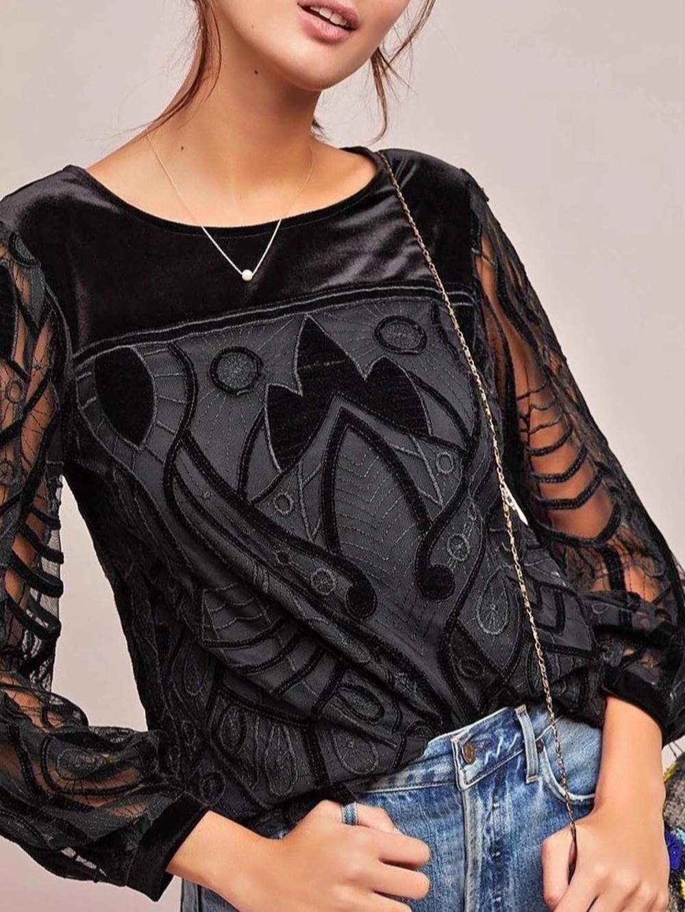 By Anthropologie Long-Sleeve Sheer Velvet Appliqué Blouse Black Medium